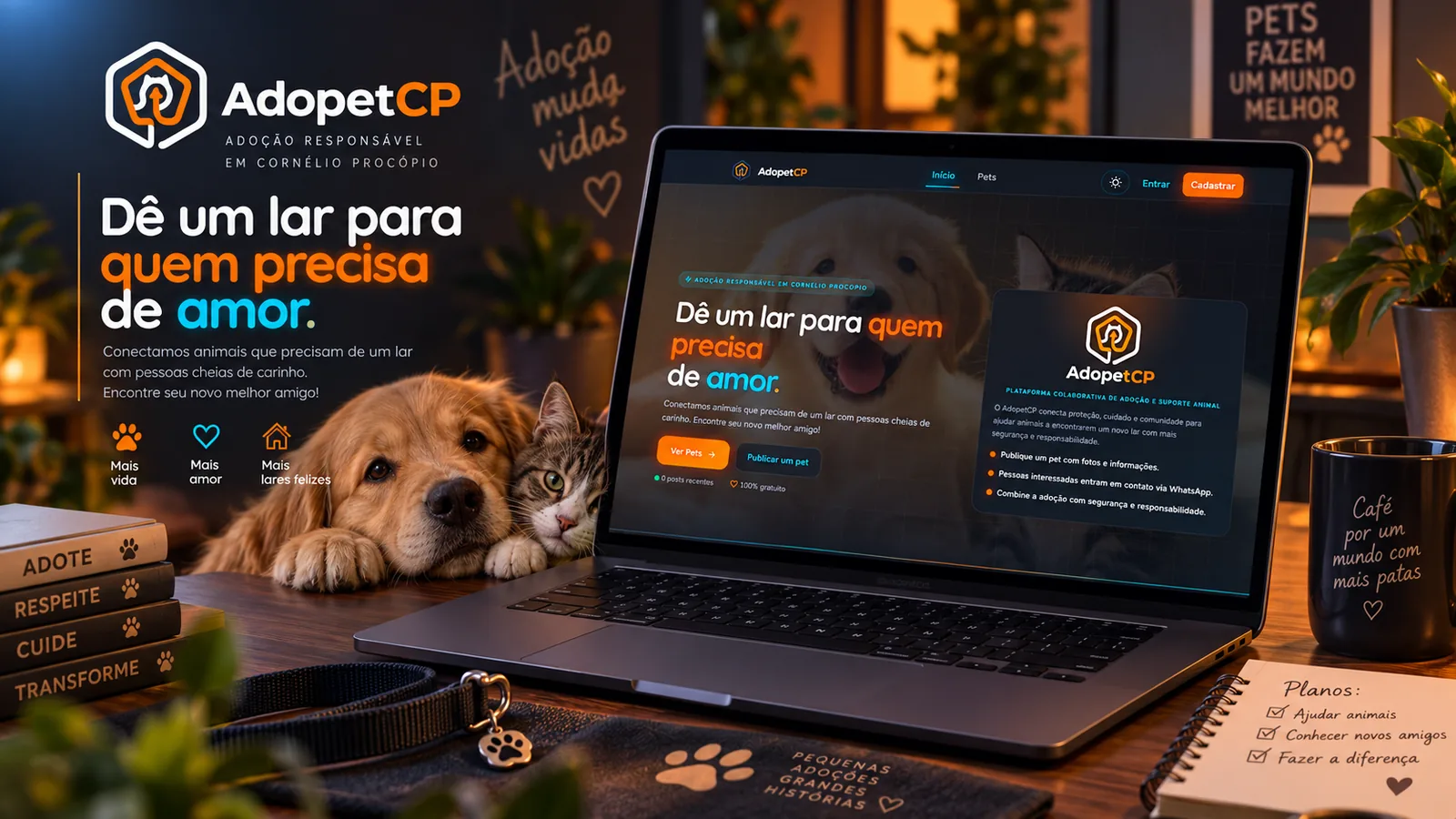AdopetCP artwork: a laptop showing the pet adoption platform beside a dog and a cat, with the Portuguese slogan Dê um lar para quem precisa de amor