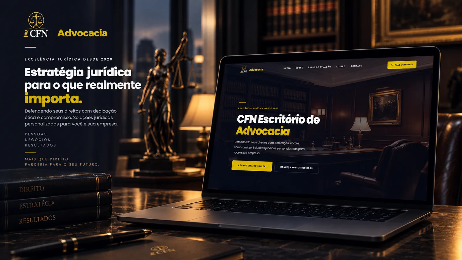 Arte da CFN Advocacia: notebook com o site do escritório em preto e dourado, sobre uma mesa com a estátua da Justiça e livros de Direito