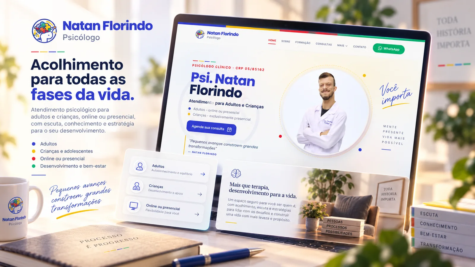 Arte do Psi. Natan Florindo: notebook com o site do psicólogo e a foto dele, com o título Acolhimento para todas as fases da vida